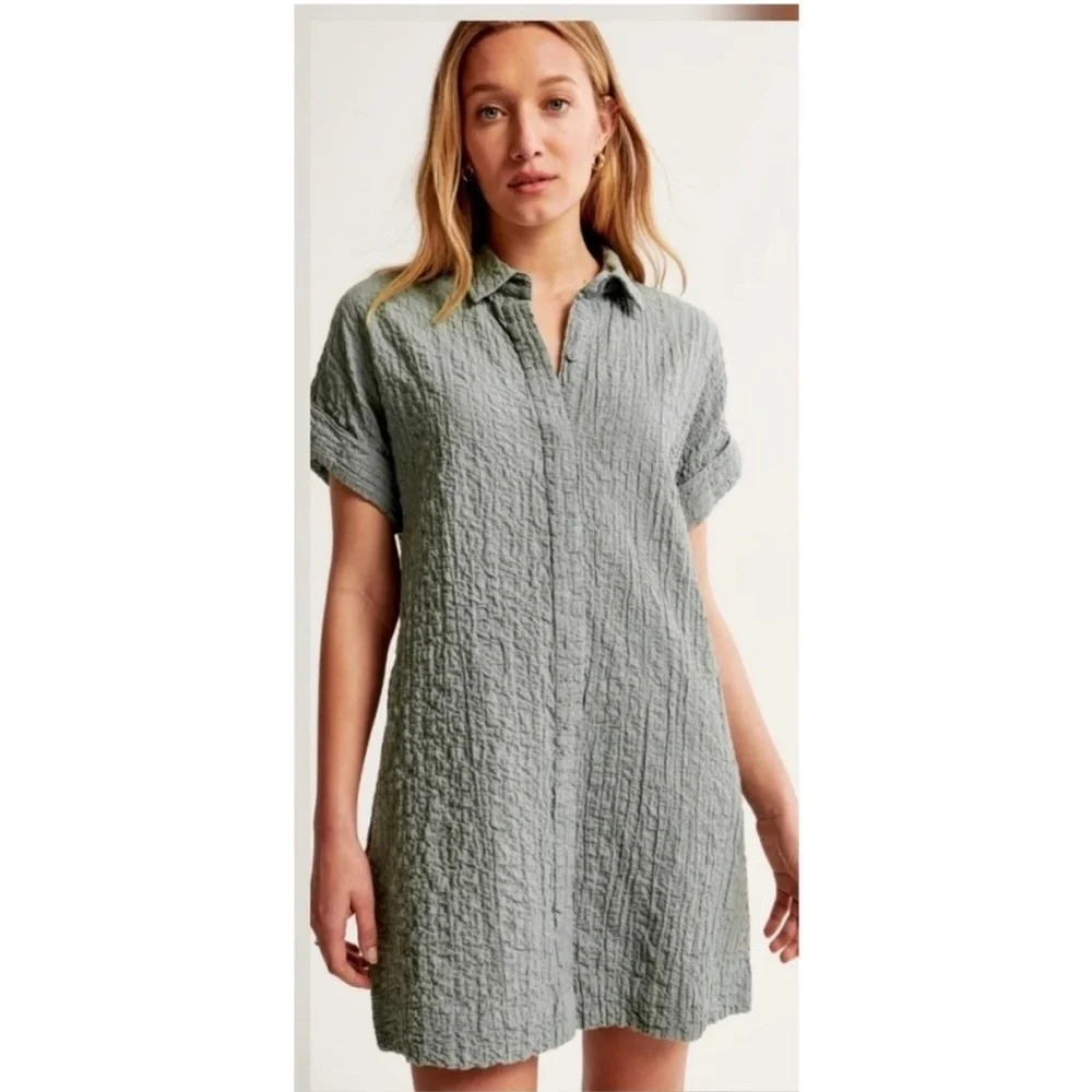 Abercrombie & Fitch Sage Green Crinkled Shirt Mini Dress - Picture 2 of 16
